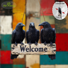 Wooden Welcome Sign Black Crow Themed Gothic Style Home Ornament Front Door Hanging Decoration Garden Wall Art Crow