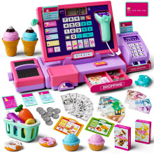 maysida Kids Cash Register Toy Playset, Toddler Prentend Play Store with Real Calculator Cash Register with Scanner/Credit Card/Play Money/Food, Lear