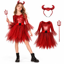 Girls Devil Costume Halloween, Devil Fancy Dress Costume with Red Dress, Horn Headband & Trident, Kids Halloween Party Outfit for Girls, 3-12 Years