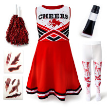 Zombie Cheerleader Halloween Costume for Kids Ages 7-9, Zombie Fancy Dress Outfit for Girls with Pom Poms, Tights, Red High School Cheerleader Costum
