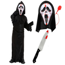LOVETRENDS Childs Screamer Costume - Black Jagged Robe with Hood, Screamer Mask with Blood Pump, Fake Knife Prop - Kids Boys Girls Scary TV Film Tric