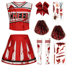 XFOZDM Zombie Cheerleader Costume Girls Cheerleader Halloween Costume with Blood Stains Pompoms Bow Socks for Halloween Carnival Cosplay Red 130 cm