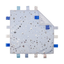 Soft Touch Taggie Comforter Baby Comfort Blanket with Sensory Tags and Bubble/Heart/Star/Foil Print Pattern (Blue Foil Print)
