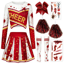 XFOZDM Zombie Cheerleader Costume Girls Long Sleeve Crop Top Set Halloween Scary Costume with Gold Star & Blood Stains with Skirt, Hair Bow Pompoms K