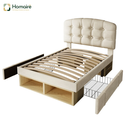 HOMAIRE Upholstered Single Bed with Storage Beige