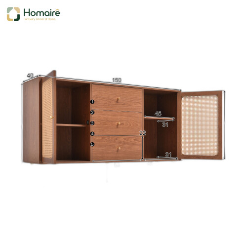 HOMAIRE Walnut Rattan Sideboard Cabinet 150cm