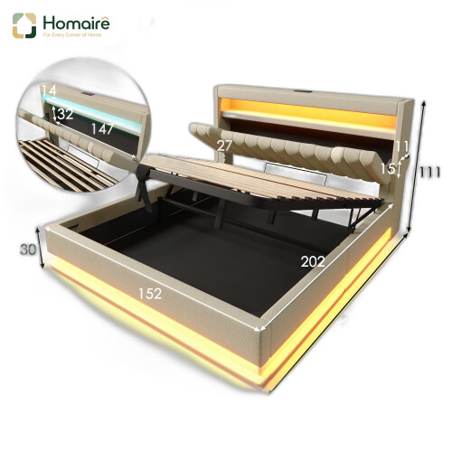 HOMAIRE 5ft Beige Linen Upholstered Bed with LED