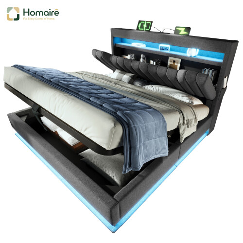 HOMAIRE 5ft Grey Linen Upholstered Bed with LED