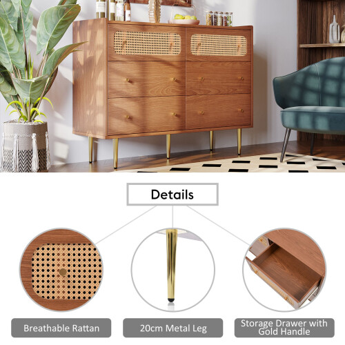 HOMAIRE Walnut Rattan Sideboard Cabinet 6 Drawers 2