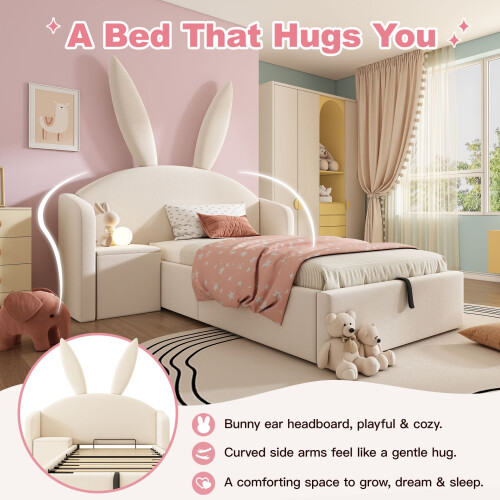 HOMAIRE Bunny Ears Kids Bed with Storage Beige 2