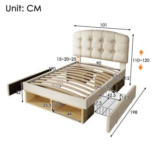 HOMAIRE Upholstered Single Bed with Storage Beige 1