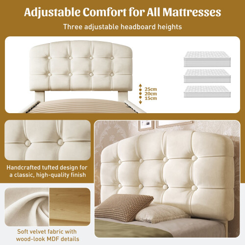 HOMAIRE Upholstered Single Bed with Storage Beige 2