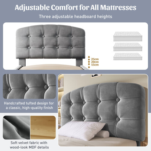 HOMAIRE Grey Velvet Upholstered Single Bed 90x190 2