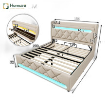 HOMAIRE 5ft Beige Linen Bed with LED & Storage
