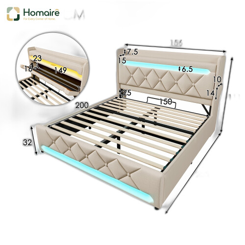 HOMAIRE 5ft Beige Linen Bed with LED & Storage