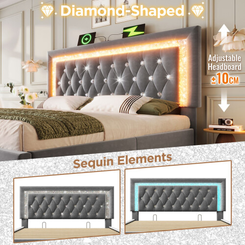 HOMAIRE Grey Velvet Double Bed 135x190cm LED 2
