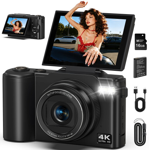 4K Digital Camera 64MP UHD Compact Camera with 3.0” 180 Flip Screen