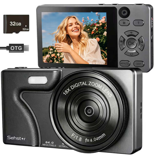 Digital Camera 4K 64MP Compact Digital Camera with 32GB SD Card (Black)