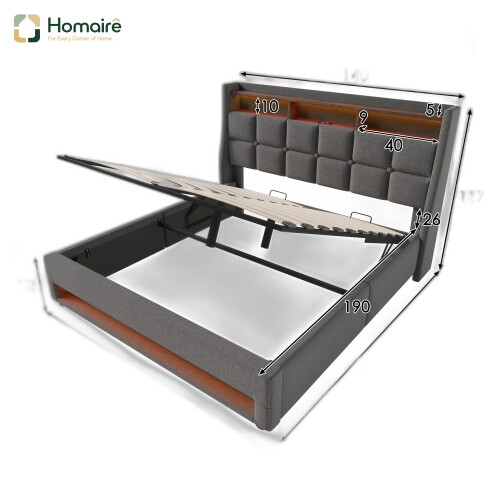 HOMAIRE Grey Linen Double Bed with LED & USB