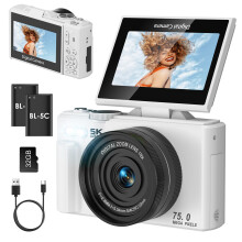 5K 75MP Digital Camera, WiFi, 18X Zoom, 3" Flip Screen, 32GB Card, White