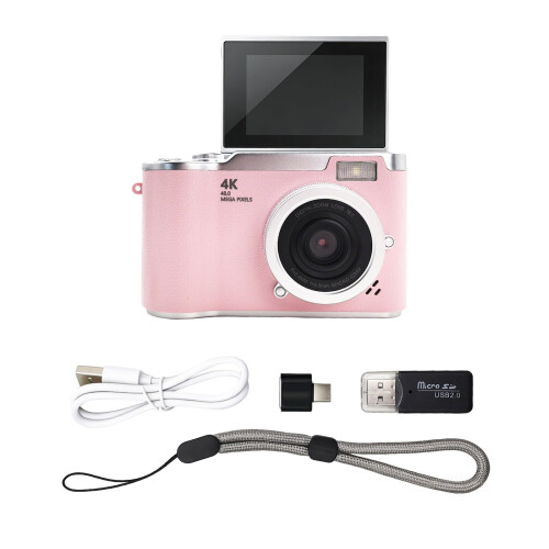 4K Retro Digital Camera 48MP Vlogging Camera with 2.4in Flip Screen (Pink)