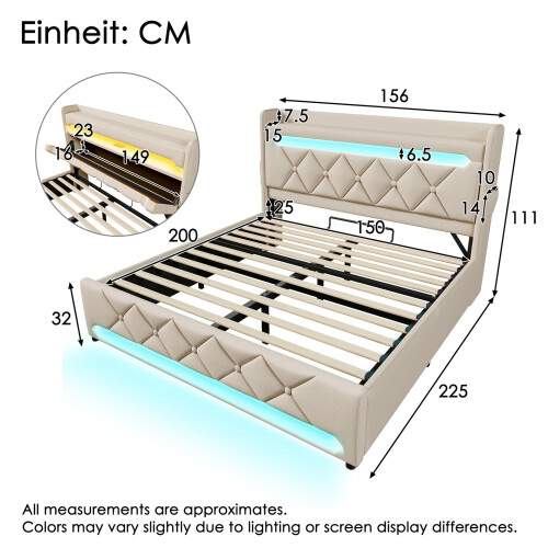 HOMAIRE 5ft Beige Linen Bed with LED & Storage 2