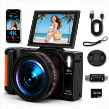 Digital Camera 4K 64MP with WIFI, 32GB SD Card for Photography and Vlogging