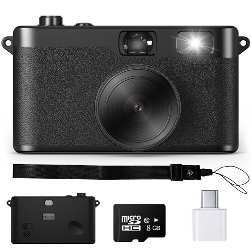 Screen-free Digital Camera, 16MP Retro Style Camera, 8GB SD Card(Black)