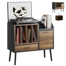 Semiocthome Record Player Stand with Nesting Vinyl Storage Crate, Record Player Table with a Drawer and Solid Wood Legs, Side End Table for Turntable