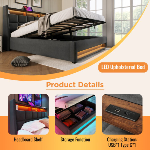 HOMAIRE Grey Linen Double Bed with LED & USB 2
