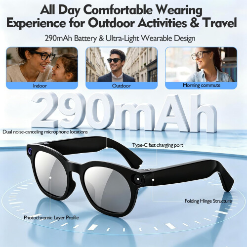 Smart AI Glasses with Bluetooth, with Photochromic UV Light Blocking Lenses 1