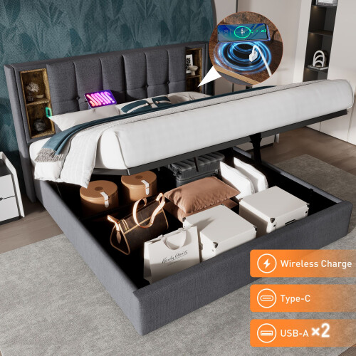 HOMAIRE 5FT Upholstered Bed Grey with Wireless 2