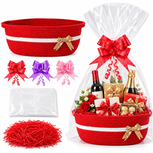 Gift Basket Hamper Kit, Empty Hamper Basket with Pull Bows