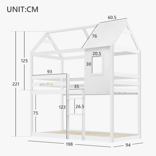 HOMAIRE White Solid Pine Kids Bunk Bed 3FT 1