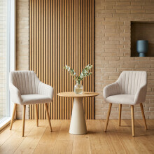 (Beige, Set of 2) GOEURVANT Modern Dining Chairs with Armrests, Nordic Fabric Accent Chair with Solid Wood Legs