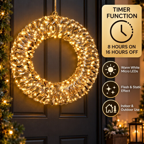 Light Up Christmas Wreath Gold Metal Hanging 400 Micro LED 1