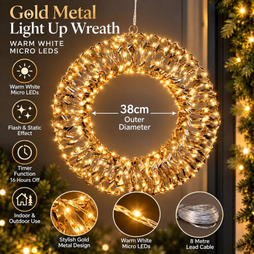 Light Up Christmas Wreath Gold Metal Hanging 400 Micro LED 2