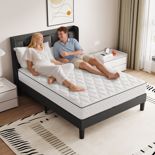 (4ft Double) Bed Frame with Linen Upholstered Tufted Headboard & Type-C and USB ports 1