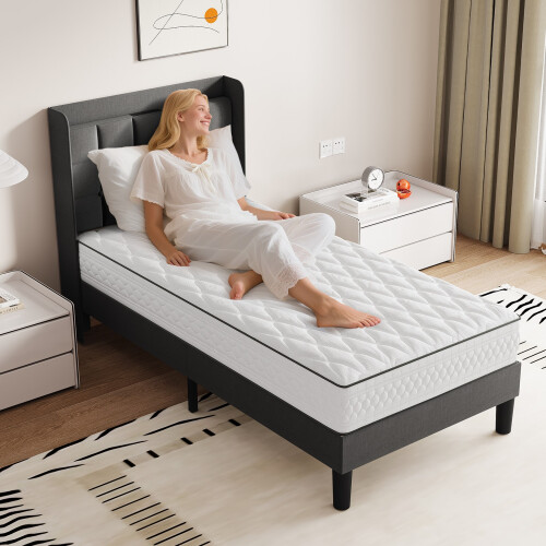 (3ft Single) Bed Frame with Linen Upholstered Tufted Headboard & Type-C and USB ports 1