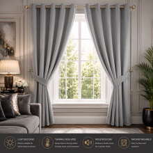(90" x 90" (228cm x 228cm), Light Grey Silver Ring Top) 100% Blackout Curtains Plain Pencil Pleat & Ringtop Curtain Pair with Tiebacks