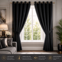 (90" x 90" (228cm x 228cm), Black Ring Top) 100% Blackout Curtains Plain Pencil Pleat &amp; Ringtop Curtain Pair with Tiebacks