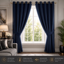 (90" x 90" (228cm x 228cm), Navy Blue Ring Top) 100% Blackout Curtains Plain Pencil Pleat &amp; Ringtop Curtain Pair with Tiebacks