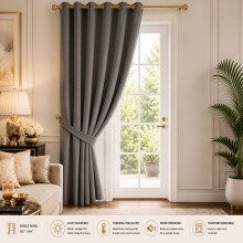 (66" x 84" (168cm x 213cm)-Door Curtain, Dark Grey Ring Top) 100% Blackout Curtains Plain Pencil Pleat & Ringtop Curtain Pair with Tiebacks