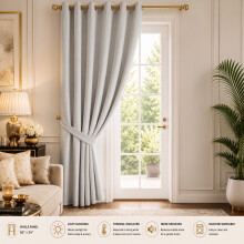 (66" x 84" (168cm x 213cm)-Door Curtain, Light Grey Silver Ring Top) 100% Blackout Curtains Plain Pencil Pleat & Ringtop Curtain Pair with Tiebacks