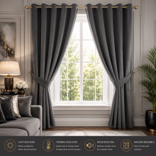 (66" x 72" (168cm x 183cm), Dark Grey Ring Top) 100% Blackout Curtains Plain Pencil Pleat & Ringtop Curtain Pair with Tiebacks