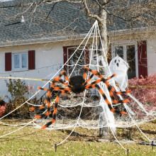 Halloween Giant Spider Web Decoration Set with Large Hairy Black Spider, Red Eyes, Mini Spiders and Outdoor Garden Haunted House Party Props