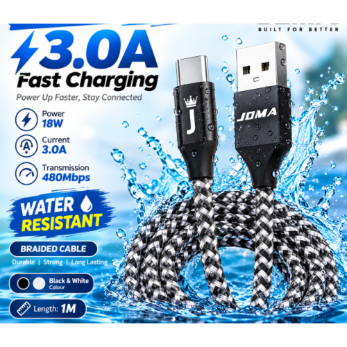 USB A to Type C 6A 100W Cable 1M Black White 2