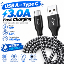 USB A to Type C 6A 100W Cable 1M Black White