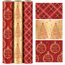 Foil Christmas Wrapping Paper 3 Rolls 1.5M x 70cm Red Gold Tartan