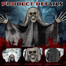 Halloween Hanging Grim Reaper Decorations 3 Pack, Skeleton Ghost with Adjustable Arms, Indoor Outdoor Haunted House Garden Party Props